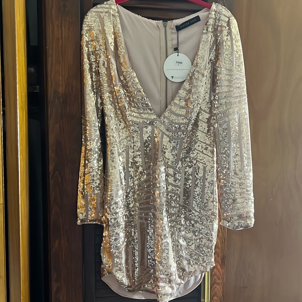 Size large white fox rose gold sequin dress